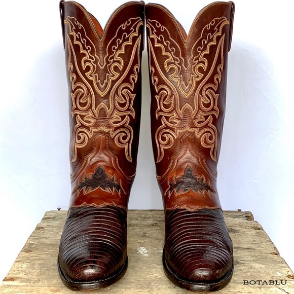 SOLD LUCCHESE 1883 Lizard Exotic Goat Leather Brown Cowboy Western Boots Mens 12 - Picture 8 of 9